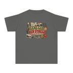 Same Car New Stories Youth Tee – Kids' Comfort Colors Road Trip Shirt in Pepper – flat lay