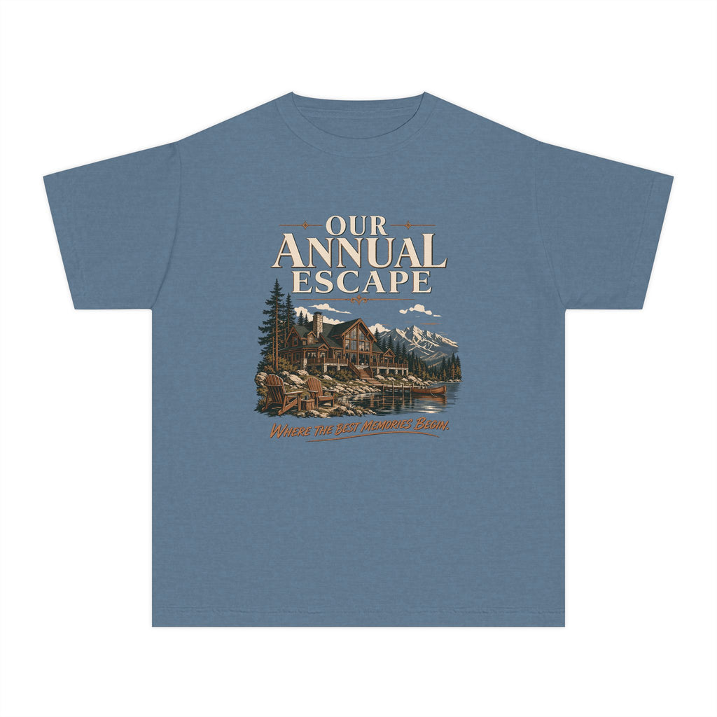 Our Annual Escape Youth Tee – Kids' Comfort Colors Lakeside Lodge Shirt in Blue Jean – flat lay