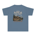 Our Annual Escape Youth Tee – Kids' Comfort Colors Lakeside Lodge Shirt in Blue Jean – flat lay