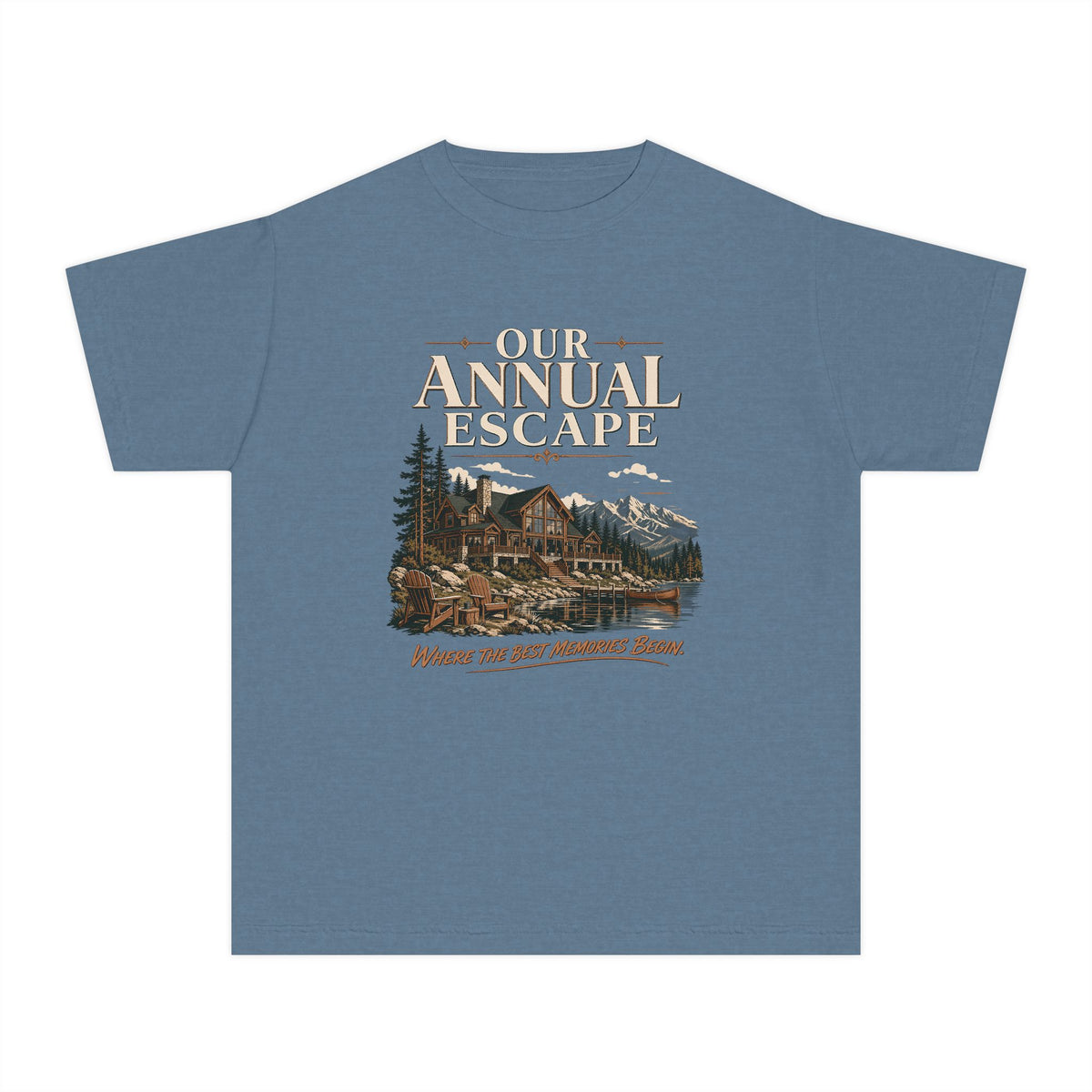 Our Annual Escape Youth Tee – Kids' Comfort Colors Lakeside Lodge Shirt in Blue Jean – flat lay
