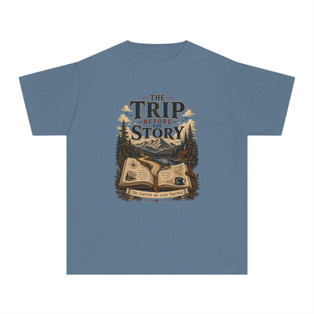 The Trip Before the Story Youth Tee – Kids' Comfort Colors Travel Shirt in Blue Jean – flat lay