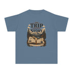 The Trip Before the Story Youth Tee – Kids' Comfort Colors Travel Shirt in Blue Jean – flat lay