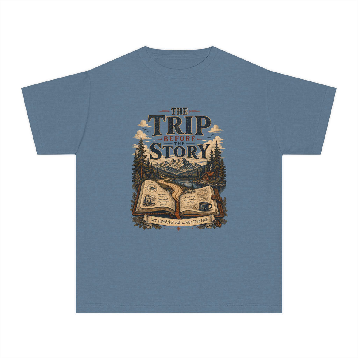 The Trip Before the Story Youth Tee – Kids' Comfort Colors Travel Shirt in Blue Jean – flat lay