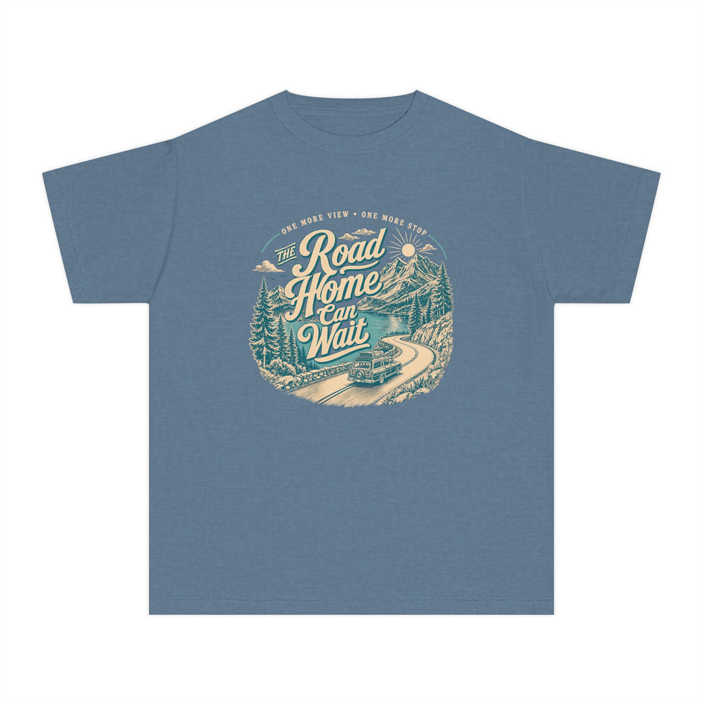 The Road Home Can Wait Youth Tee – Kids' Comfort Colors Road Trip Shirt in Blue Jean – flat lay