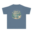 The Road Home Can Wait Youth Tee – Kids' Comfort Colors Road Trip Shirt in Blue Jean – flat lay