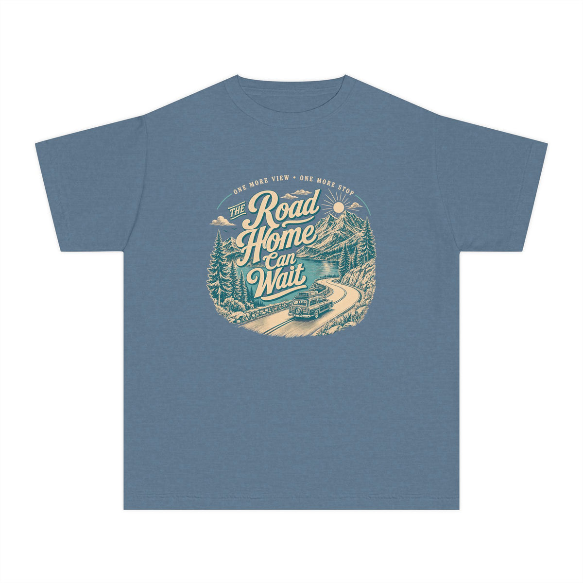 The Road Home Can Wait Youth Tee – Kids' Comfort Colors Road Trip Shirt in Blue Jean – flat lay