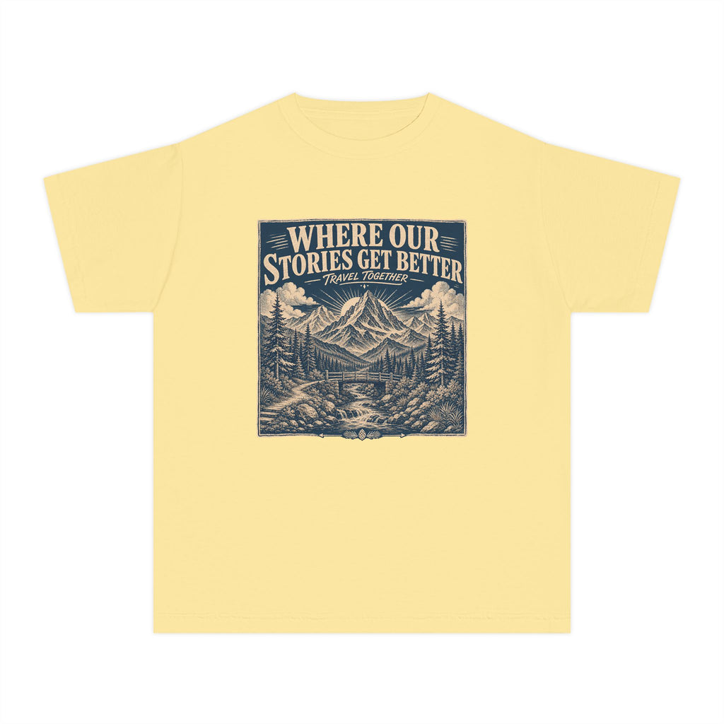 Where Our Stories Get Better Youth Tee – Kids' Comfort Colors Mountain Adventure Shirt in Butter – flat lay