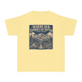 Where Our Stories Get Better Youth Tee – Kids' Comfort Colors Mountain Adventure Shirt in Butter – flat lay