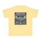 Where Our Stories Get Better Youth Tee – Kids' Comfort Colors Mountain Adventure Shirt in Butter – flat lay