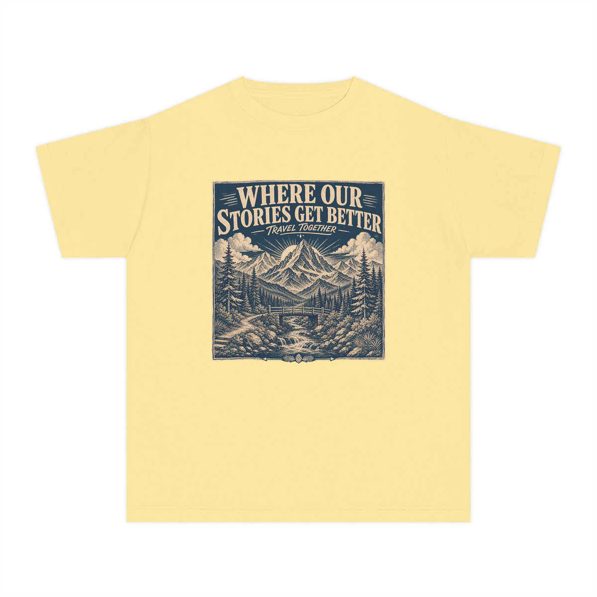 Where Our Stories Get Better Youth Tee – Kids' Comfort Colors Mountain Adventure Shirt in Butter – flat lay