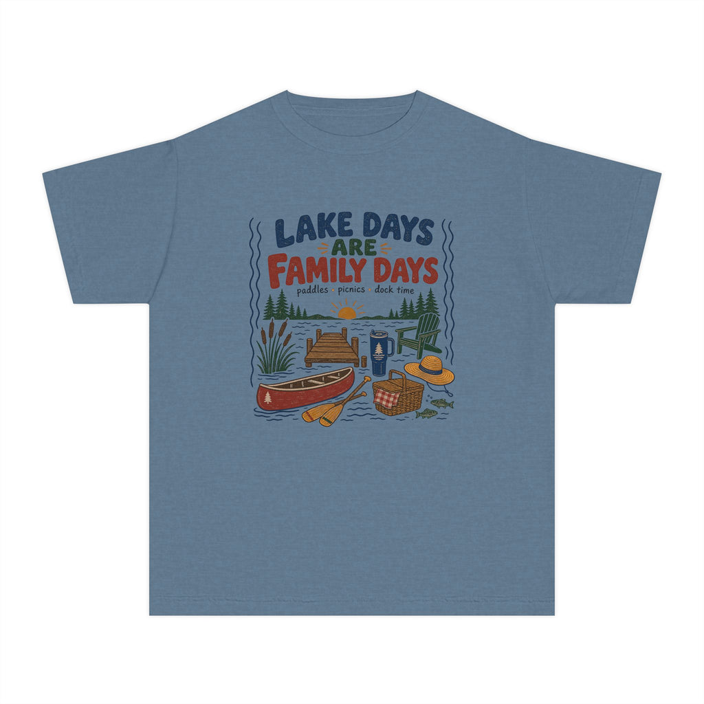 Lake Days Are Family Days Youth Tee – Kids' Comfort Colors Lake Vacation Shirt in Blue Jean – flat lay