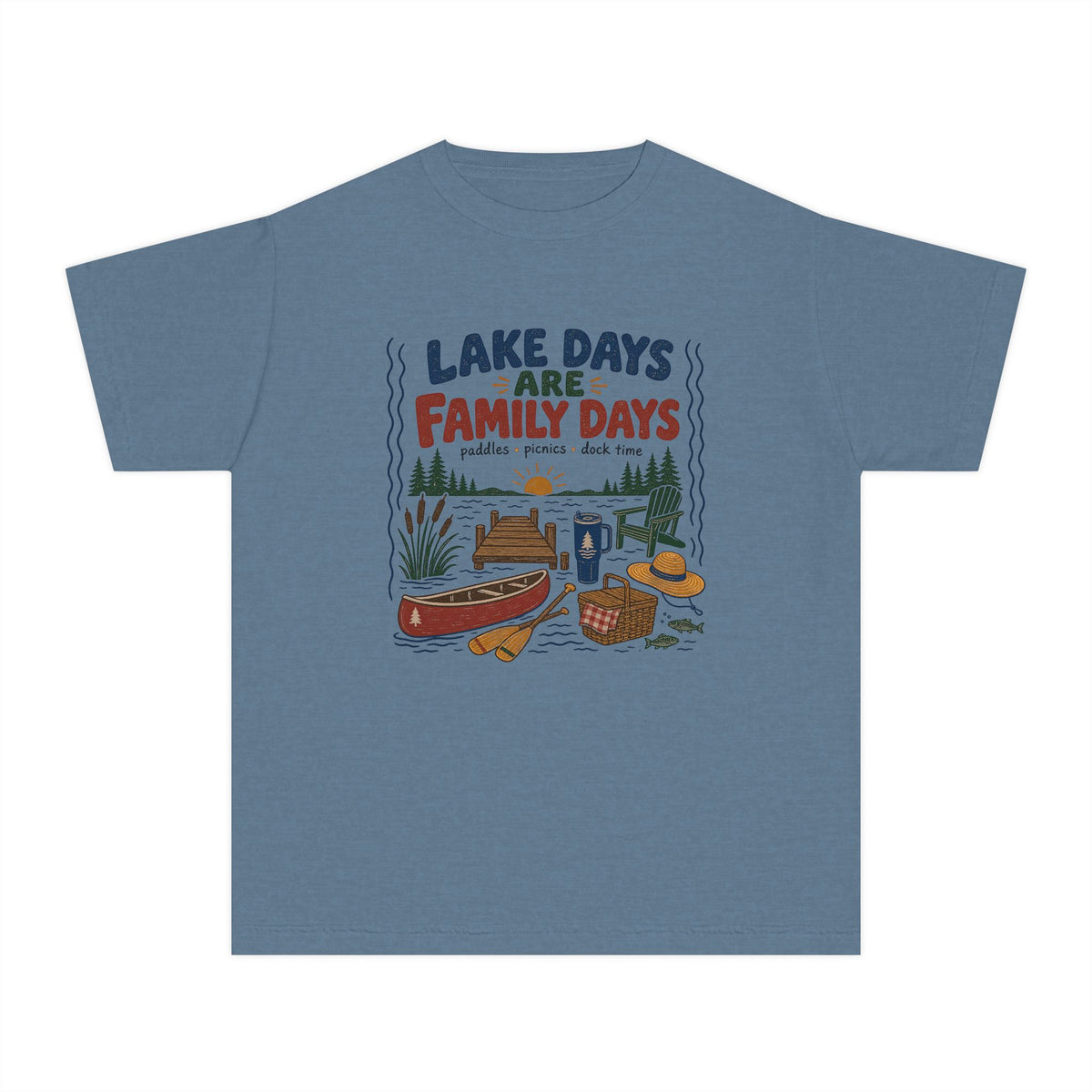 Lake Days Are Family Days Youth Tee – Kids' Comfort Colors Lake Vacation Shirt in Blue Jean – flat lay