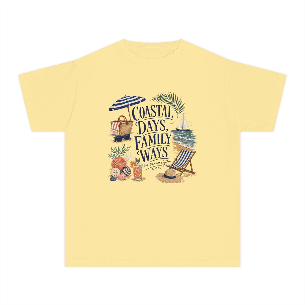 Coastal Days Family Ways Youth Tee – Kids' Comfort Colors Beach Vacation Shirt in Butter – flat lay