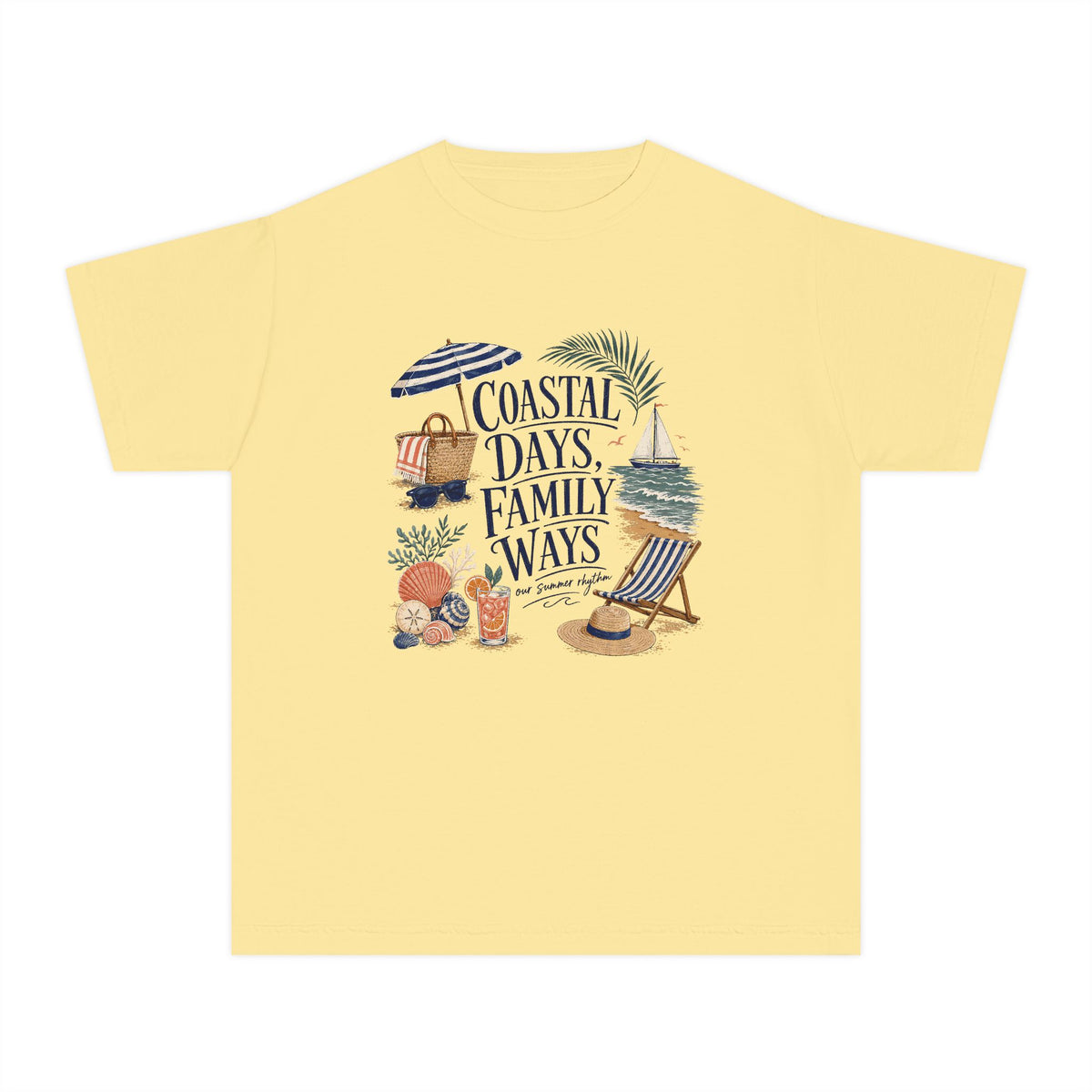 Coastal Days Family Ways Youth Tee – Kids' Comfort Colors Beach Vacation Shirt in Butter – flat lay