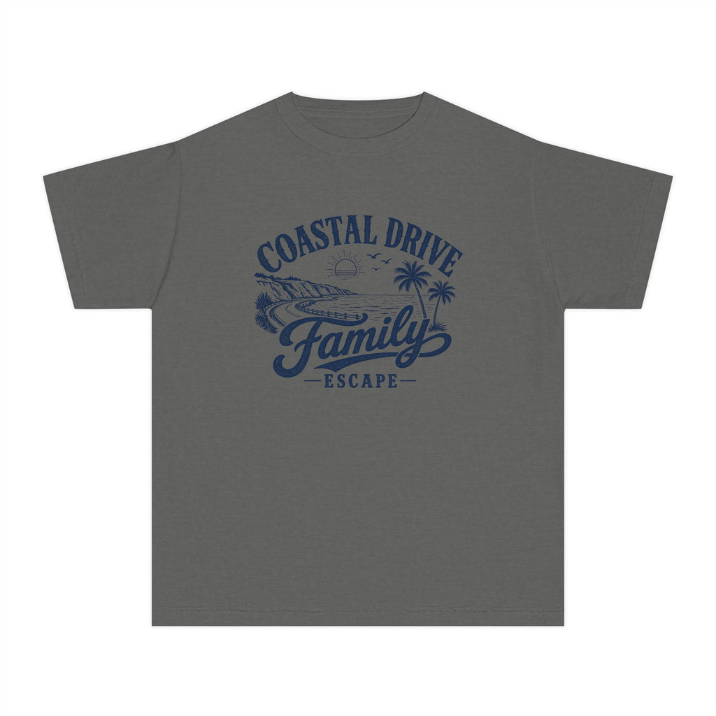 Coastal Drive Family Escape Youth Tee – Kids' Comfort Colors Beach Vacation Shirt in Pepper – flat lay
