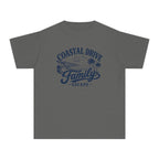 Coastal Drive Family Escape Youth Tee – Kids' Comfort Colors Beach Vacation Shirt in Pepper – flat lay