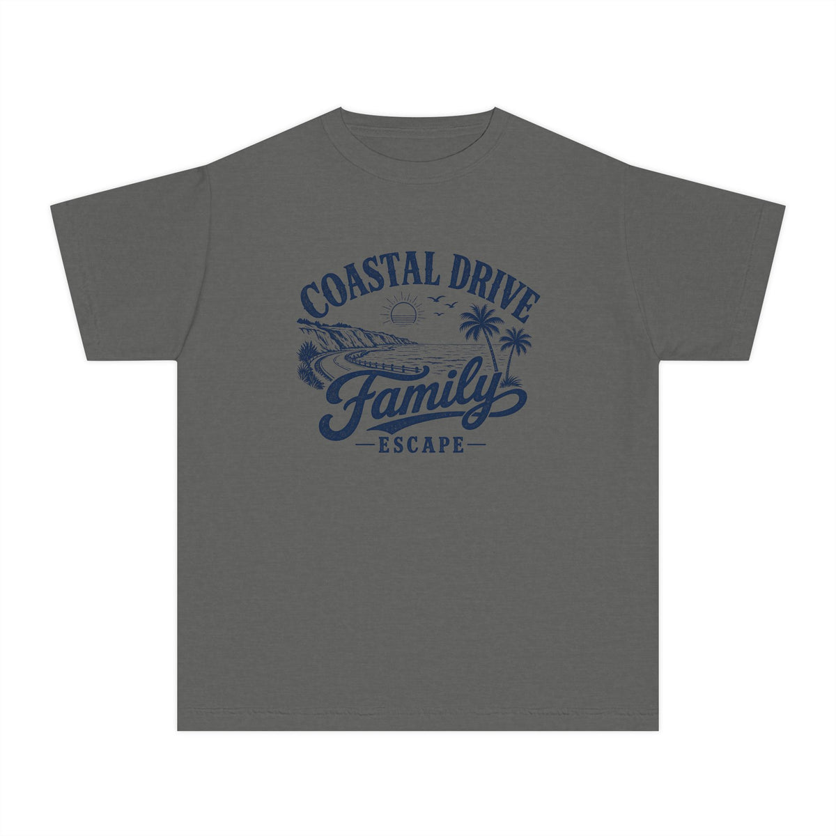 Coastal Drive Family Escape Youth Tee – Kids' Comfort Colors Beach Vacation Shirt in Pepper – flat lay