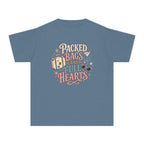Packed Bags and Full Hearts Youth Tee – Kids' Comfort Colors Vacation Shirt in Blue Jean – flat lay