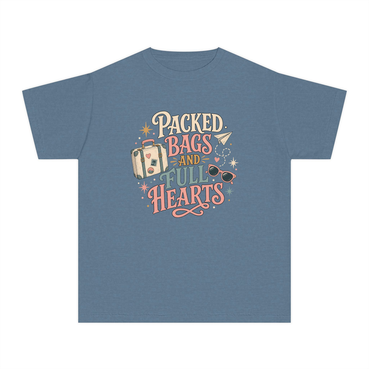 Packed Bags and Full Hearts Youth Tee – Kids' Comfort Colors Vacation Shirt in Blue Jean – flat lay