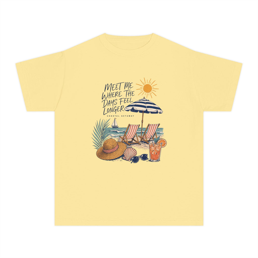 Meet Me Where the Days Feel Longer Youth Tee – Kids' Comfort Colors Beach Vacation Shirt in Butter – flat lay