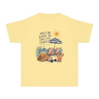 Meet Me Where the Days Feel Longer Youth Tee – Kids' Comfort Colors Beach Vacation Shirt in Butter – flat lay