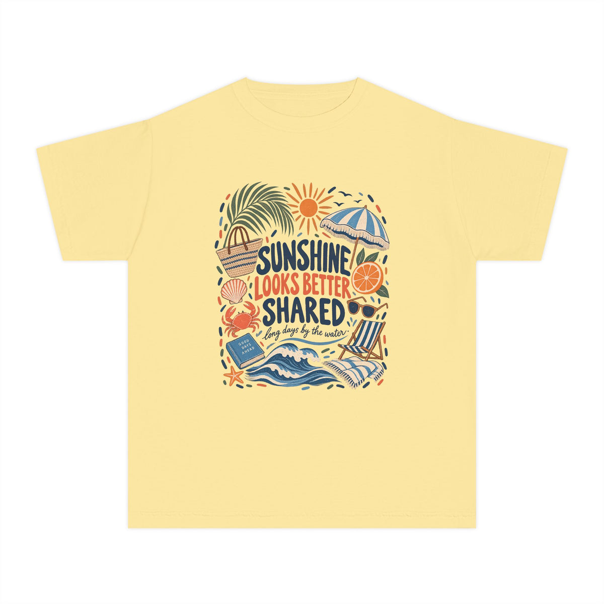 Sunshine Looks Better Shared Youth Tee – Kids' Comfort Colors Beach Vacation Shirt in Butter – flat lay