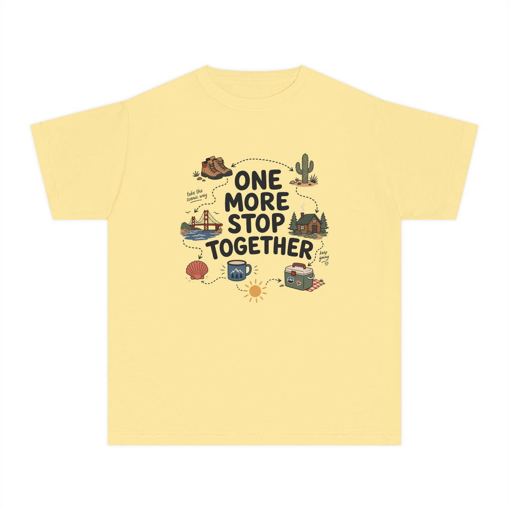 One More Stop Together Youth Tee – Kids' Comfort Colors Road Trip Shirt in Butter – flat lay