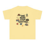 One More Stop Together Youth Tee – Kids' Comfort Colors Road Trip Shirt in Butter – flat lay