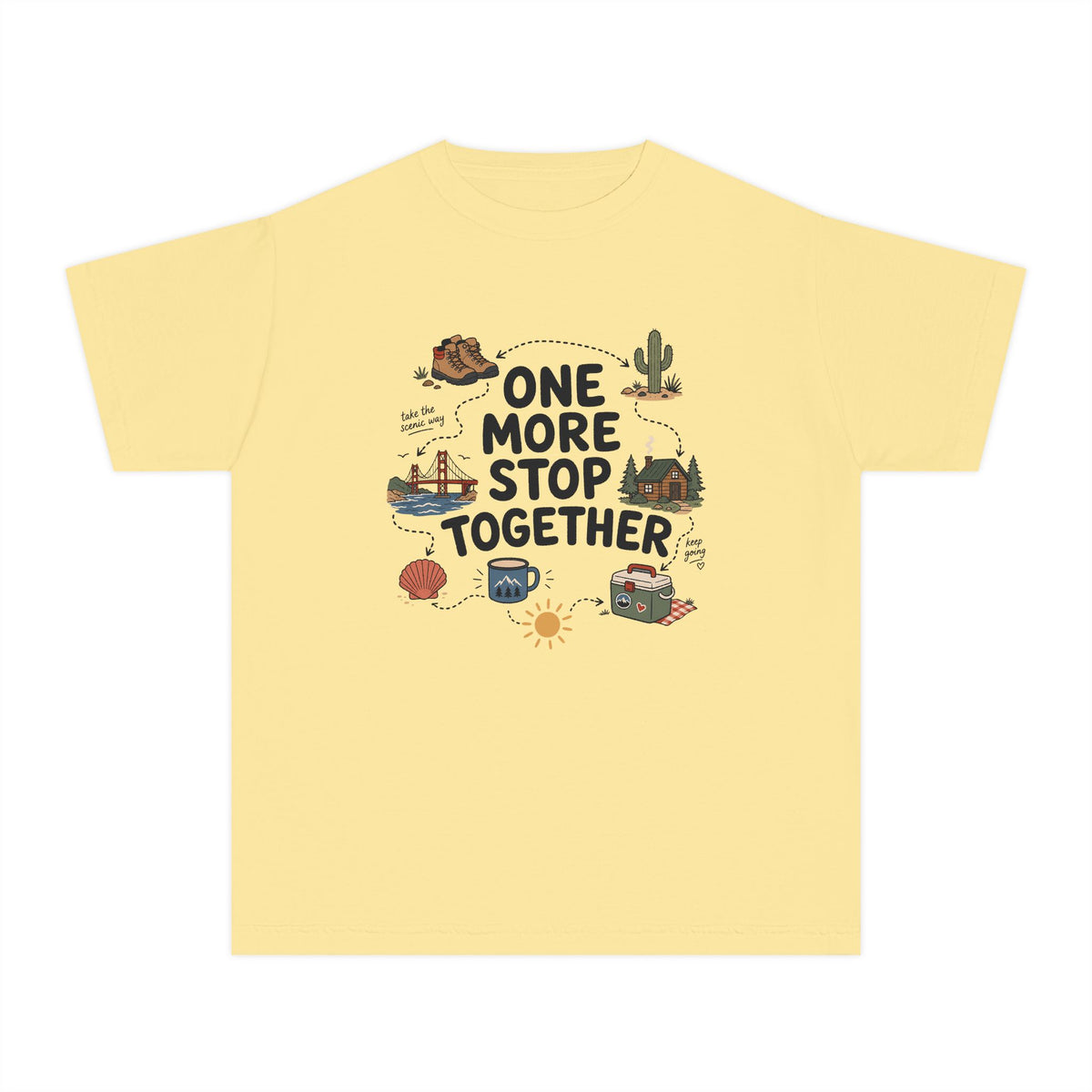 One More Stop Together Youth Tee – Kids' Comfort Colors Road Trip Shirt in Butter – flat lay