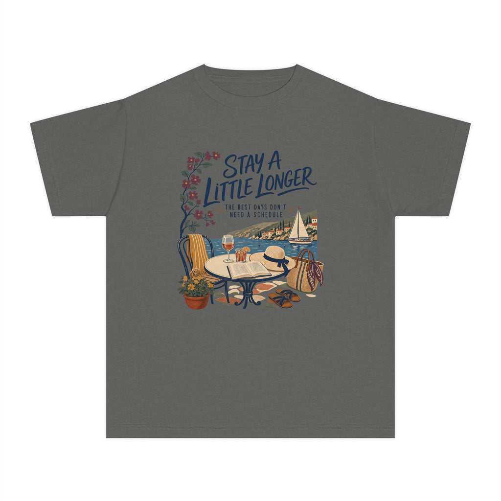 Stay a Little Longer Youth Tee – Kids' Comfort Colors Family Travel Shirt in Pepper – flat lay