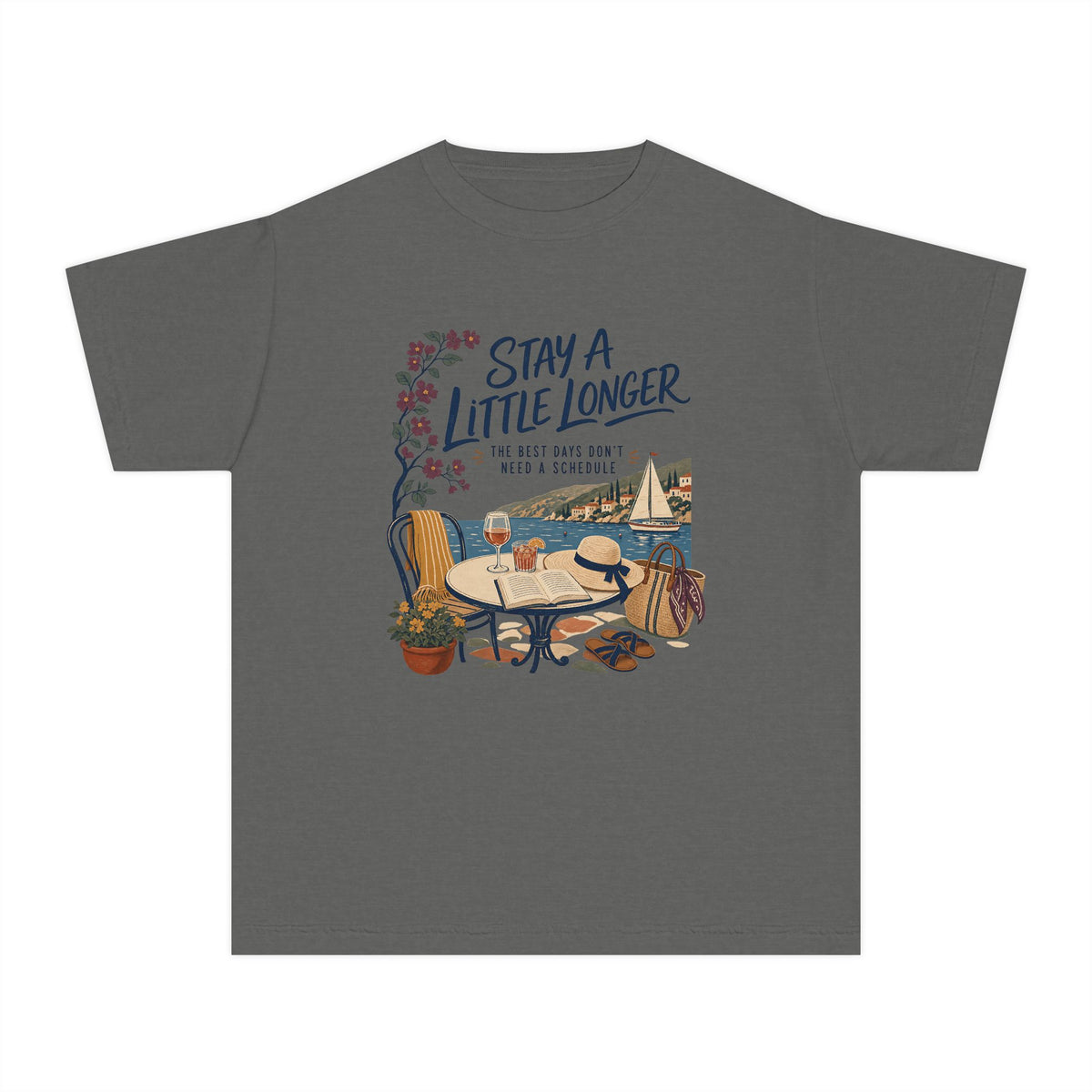 Stay a Little Longer Youth Tee – Kids' Comfort Colors Family Travel Shirt in Pepper – flat lay