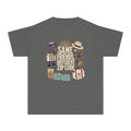 Same Friends Different Zip Code Youth Tee – Kids' Comfort Colors Family Travel Shirt in Pepper – flat lay
