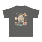 Same Friends Different Zip Code Youth Tee – Kids' Comfort Colors Family Travel Shirt in Pepper – flat lay