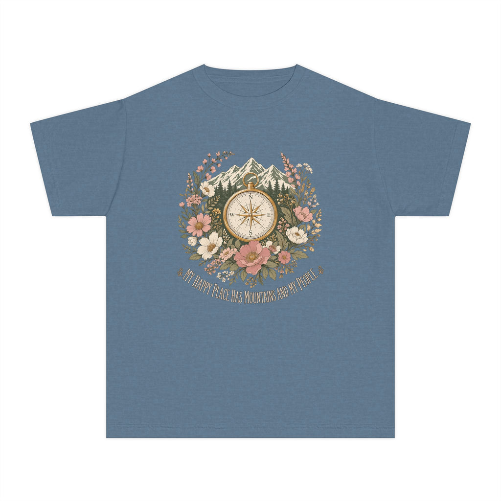 Mountains and My People Youth Tee – Kids' Comfort Colors Mountain Travel Shirt in Blue Jean – flat lay