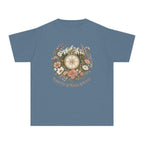 Mountains and My People Youth Tee – Kids' Comfort Colors Mountain Travel Shirt in Blue Jean – flat lay