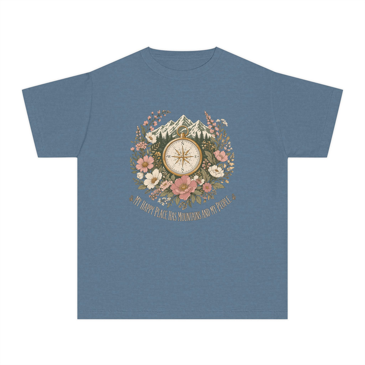 Mountains and My People Youth Tee – Kids' Comfort Colors Mountain Travel Shirt in Blue Jean – flat lay