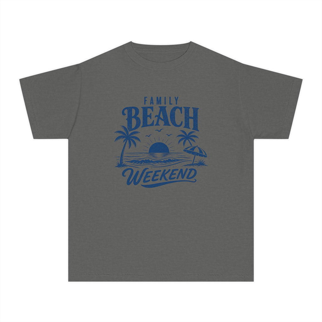 Family Beach Weekend Youth Tee – Kids' Comfort Colors Beach Vacation Shirt in Pepper – flat lay