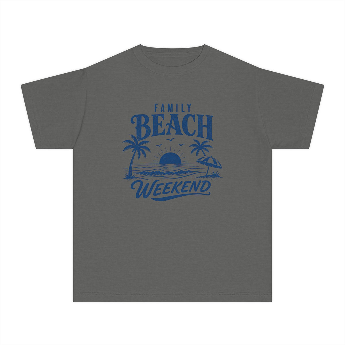 Family Beach Weekend Youth Tee – Kids' Comfort Colors Beach Vacation Shirt in Pepper – flat lay