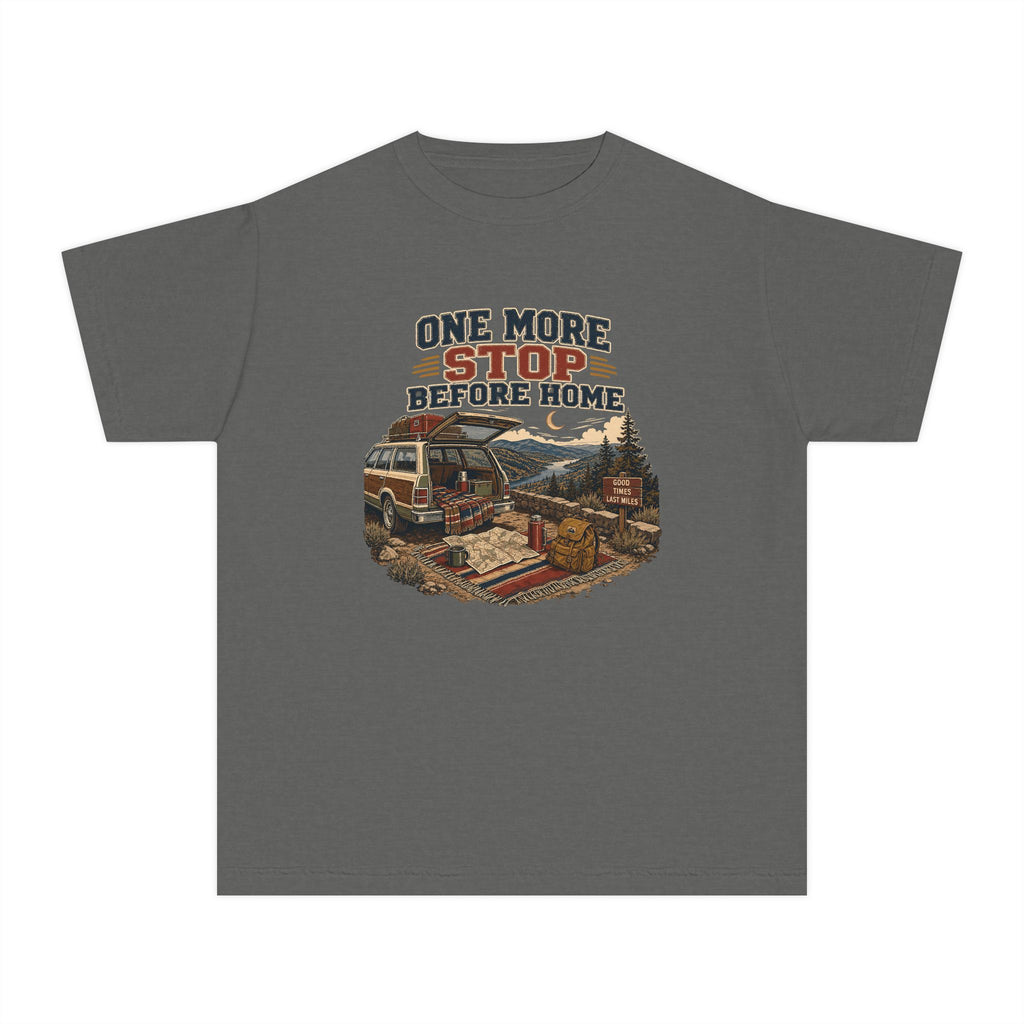 One More Stop Before Home Youth Tee – Kids' Comfort Colors Road Trip Shirt in Pepper – flat lay