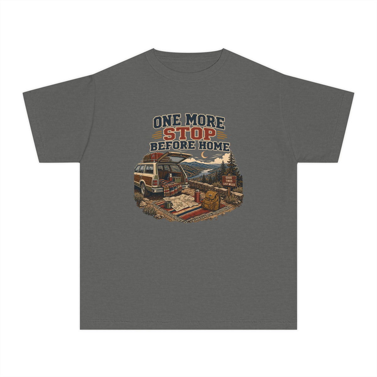 One More Stop Before Home Youth Tee – Kids' Comfort Colors Road Trip Shirt in Pepper – flat lay