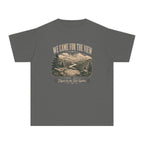We Came for the View Youth Tee – Kids' Comfort Colors Mountain Adventure Shirt in Pepper – flat lay