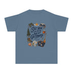 See You After the Next Getaway Youth Tee – Kids' Comfort Colors Family Travel Shirt in Blue Jean – flat lay