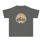 Adventure Looks Good On Us Youth Tee – Kids' Comfort Colors Mountain Travel Shirt in Pepper – flat lay