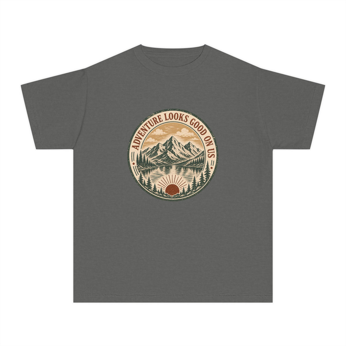 Adventure Looks Good On Us Youth Tee – Kids' Comfort Colors Mountain Travel Shirt in Pepper – flat lay