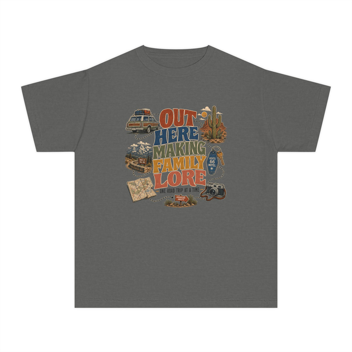 Out Here Making Family Lore Youth Tee – Kids' Comfort Colors Road Trip Shirt in Pepper – flat lay