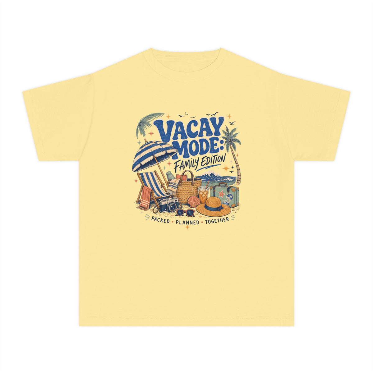 Vacay Mode Family Edition Youth Tee – Kids' Comfort Colors Family Travel Shirt in Butter – flat lay