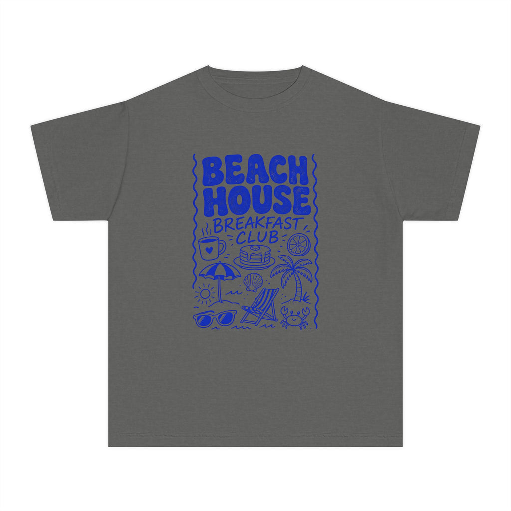 Beach House Breakfast Club Youth Tee – Kids' Comfort Colors Beach Vacation Shirt in Pepper – flat lay