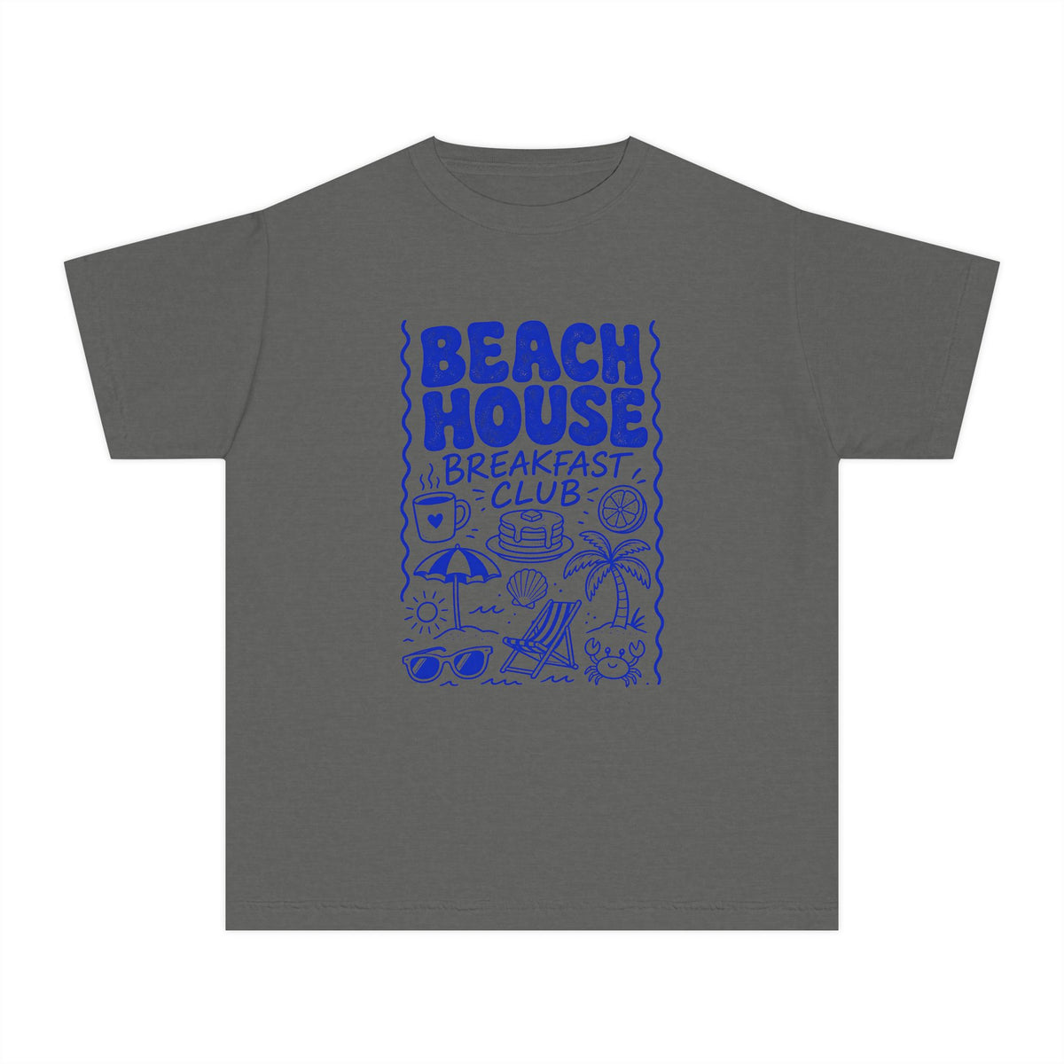 Beach House Breakfast Club Youth Tee – Kids' Comfort Colors Beach Vacation Shirt in Pepper – flat lay