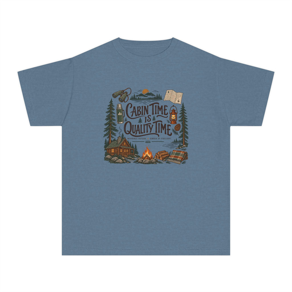 Cabin Time Is Quality Time Youth Tee – Kids' Comfort Colors Lake Vacation Shirt in Blue Jean – flat lay