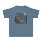 Cabin Time Is Quality Time Youth Tee – Kids' Comfort Colors Lake Vacation Shirt in Blue Jean – flat lay